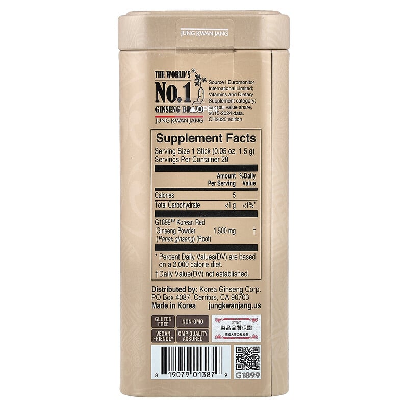 Korean Red Ginseng, Pure 100, 28 Sticks, 0.05 oz (1.5 g) Each