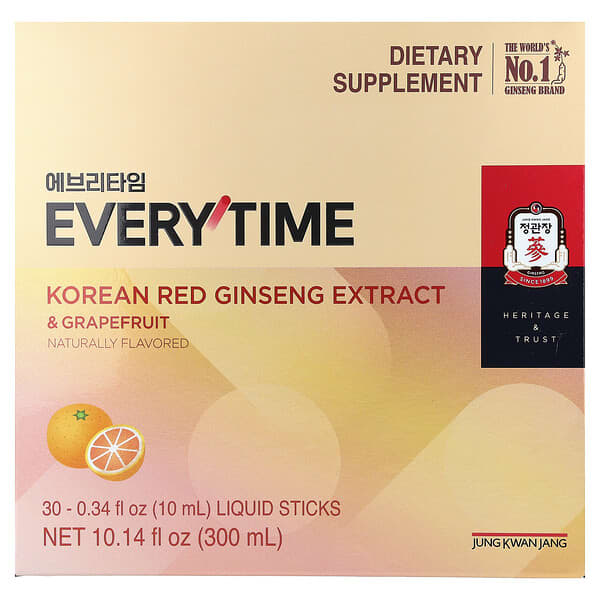JungKwanJang Korean Red Ginseng Extract, Everytime, Grapefruit, 30 Liquid Sticks, 0.34 fl oz (10 ml) Each