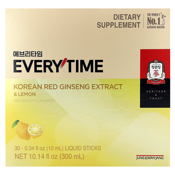 JungKwanJang Korean Red Ginseng Extract, Everytime, Lemon, 30 Liquid Sticks, 0.34 fl oz (10 ml) Each