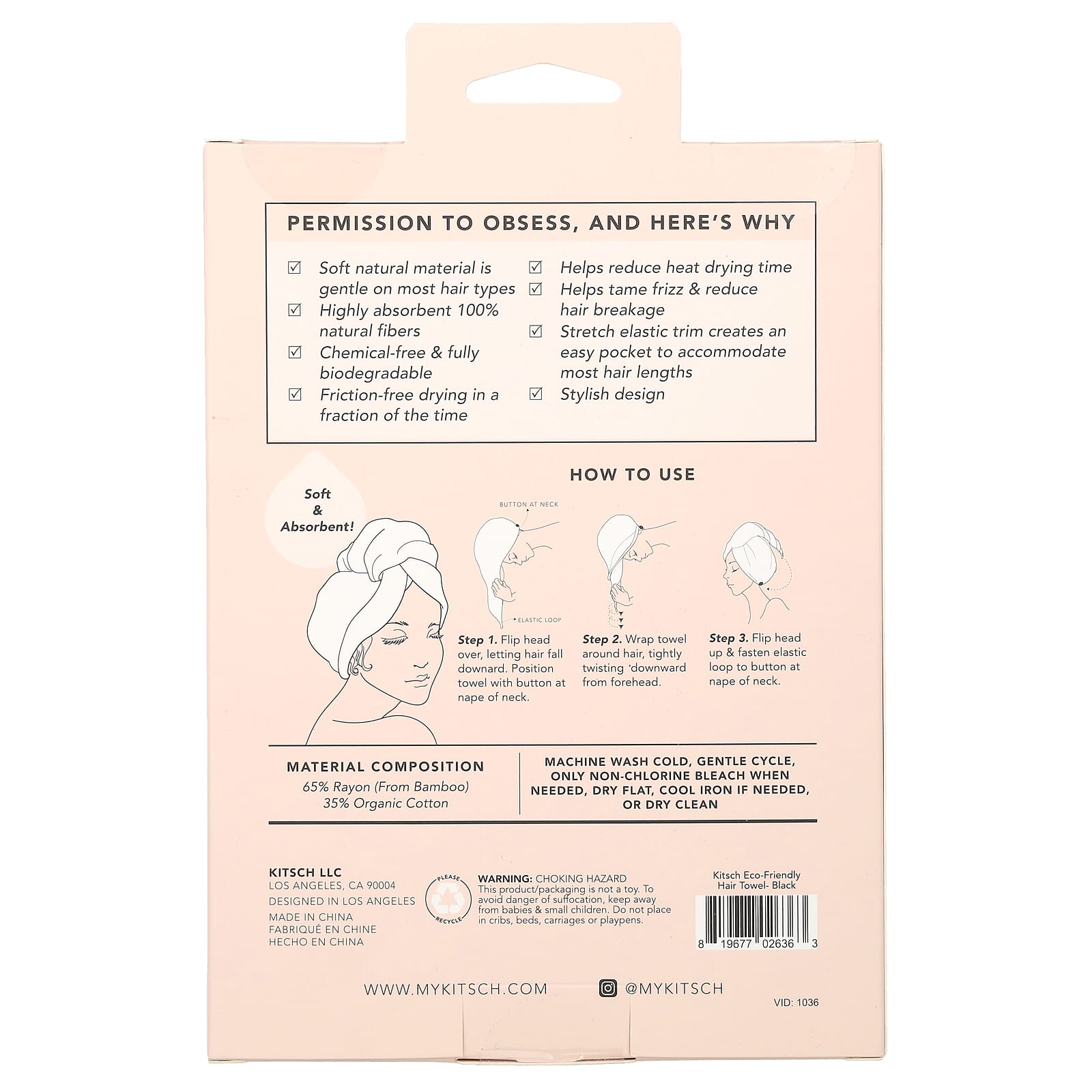 Kitsch, EcoFriendly Hair Towel, Black, 1 Piece