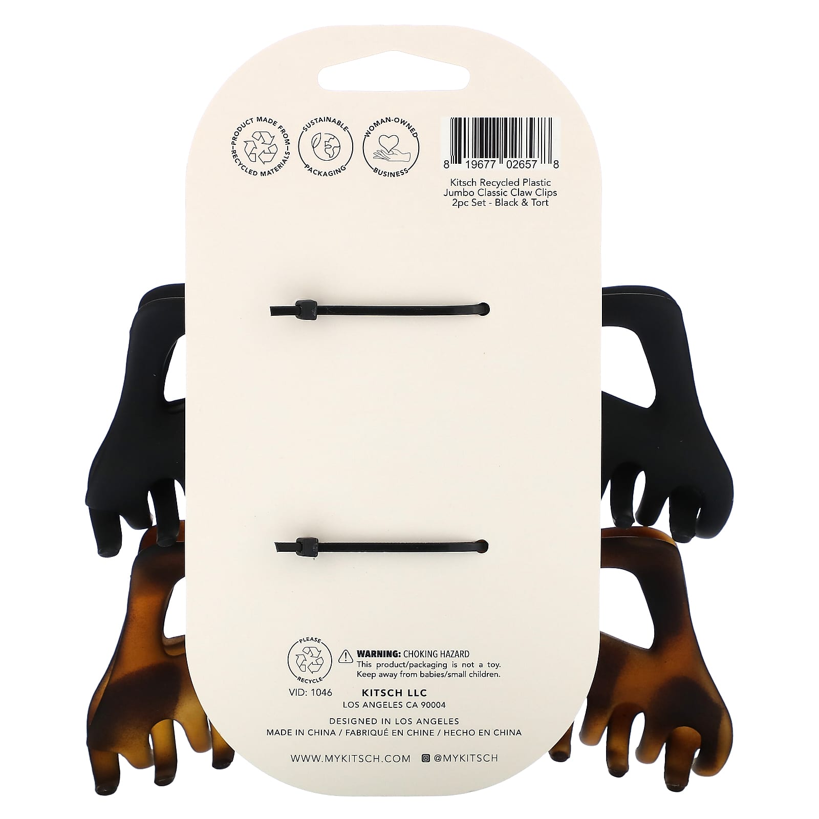 Kitsch, Jumbo Classic Claw Clips, Black & Tort, 2pc Set