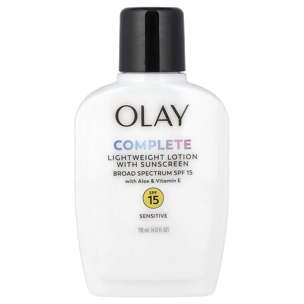 Olay, Πλήρης, ελαφριά λοσιόν με αντηλιακό, SPF 15, για ευαίσθητες επιδερμίδες, χωρίς άρωμα, 118 ml