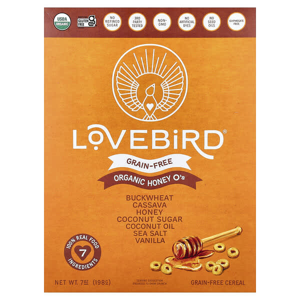 Lovebird, Grain-Free Müsli, Organic Honey O's, Müsli ohne Getreide, Bio-Honig-O's, 198 g (7 oz.)