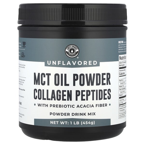 Left Coast Performance MCT Oil Powder Collagen Peptides with Prebiotic Acacia Fiber, Unflavored, 1 lb (454 g)
