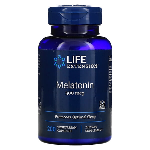 Life Extension, Мелатонин, 500 мкг, 200 вегетарианских капсул