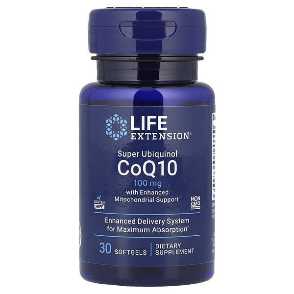 Life Extension Super Ubiquinol CoQ10 with Enhanced Mitochondrial Support, 100 mg, 30 Softgels supplement bottle