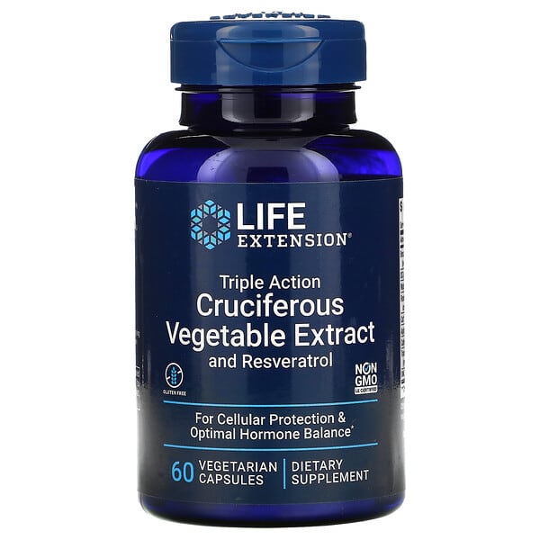 Life Extension, トリプルアクションアブラナ科野菜エキス、レスベラトロール配合、ベジカプセル60粒
