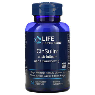 Life Extension, CinSulin พร้อม InSea2 และ Crominex 3+ บรรจุแคปซูลมังสวิรัติ 90 แคปซูล