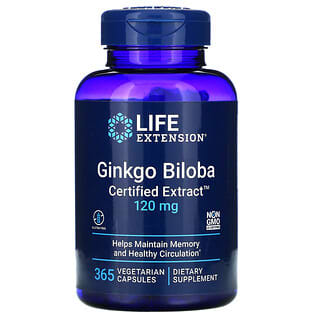 Life Extension, Ginkgo Biloba, Certified Extract, гинкго билоба, сертифицированный экстракт, 120 мг, 365 вегетарианских капсул