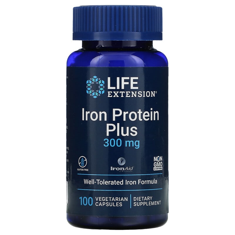 Iron Protein Plus, Suplemento de hierro, 300 mg, 100 cápsulas vegetales
