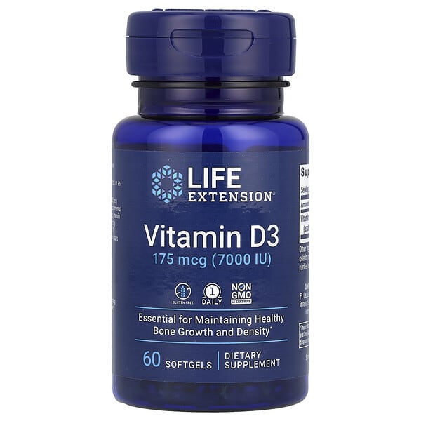 Life Extension, 維生素 D3，175 微克 (7,000 國際單位)，60 粒軟凝膠