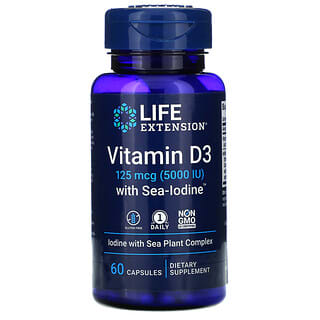 Life Extension, Sea-Iodine 함유 비타민D3, 125mcg(5,000IU), 캡슐 60정