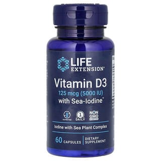 Life Extension, Vitamina D3 com Iodo Marinho, 125 mcg (5.000 UI), 60 Cápsulas