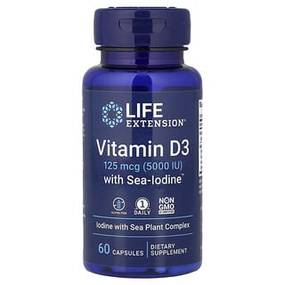 Life Extension‏, ויטמין D3 עם יוד-ים Sea-Iodine‏, 125 מק"ג (5,000 יחב"ל), 60 כמוסות