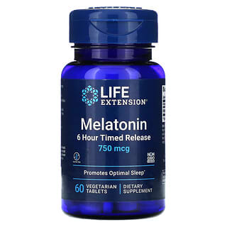 Life Extension, Melatonin, zeitversetzte Freisetzung über 6 Stunden, 750 mcg, 60 vegetarische Tabletten