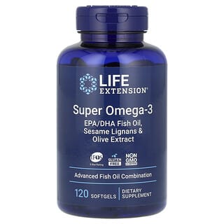 Life Extension, Super oméga-3, Huile de poisson riche en acide eicosapentaénoïque et en DHA (acide docosahexaénoïque), Lignanes de sésame et extrait d'olive, 120 capsules à enveloppe molle