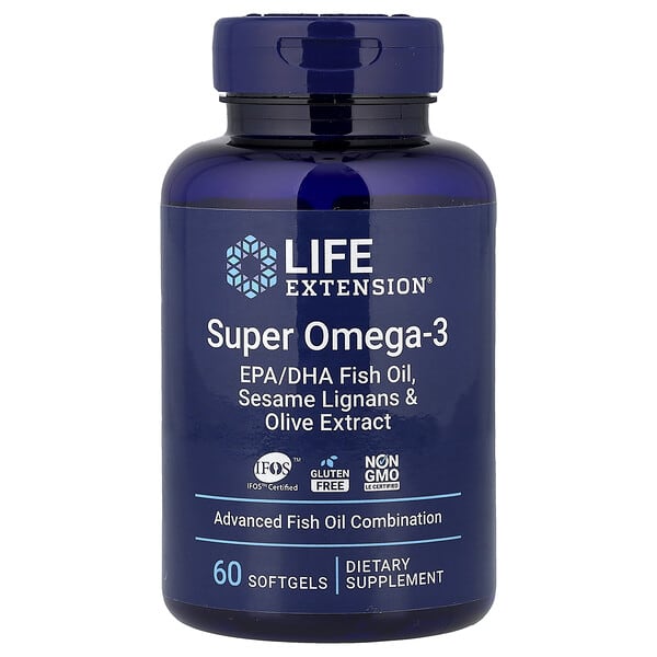 Super Omega-3, EPA/DHA Fish Oil, Sesame Lignans & Olive Extract, 60 Softgels