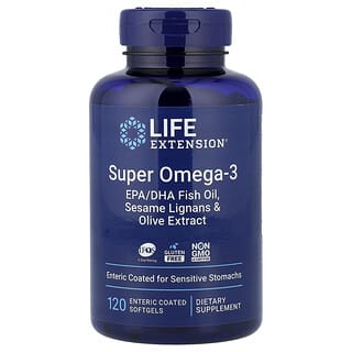Life Extension, Super omega-3, Aceite de pescado con EPA y DHA, lignanos de sésamo y extracto de oliva, 120 cápsulas blandas con recubrimiento entérico