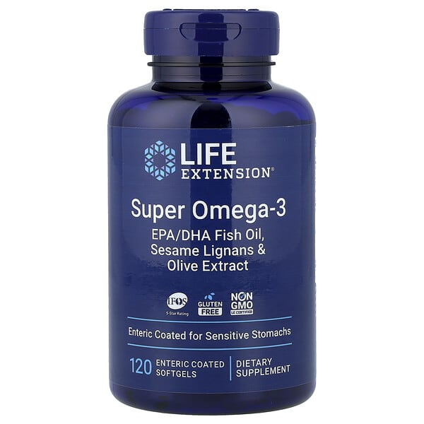 Life Extension, Super Omega-3, EPA/DHA visolie, sesamlignanen en olijfextract, 120 maagsapresistente softgels