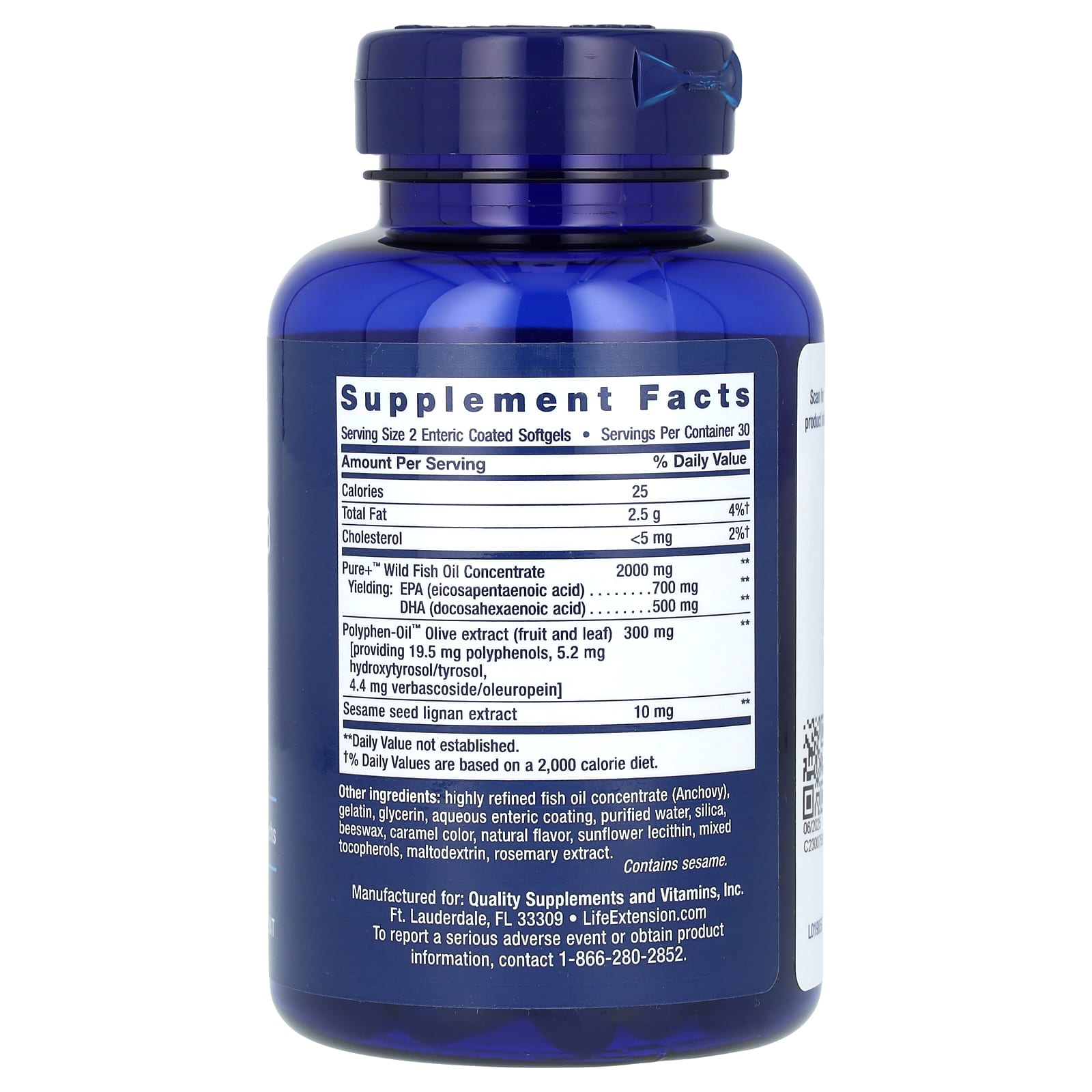 Life Extension, Super Omega3, EPA/DHA Fish Oil, Sesame Lignans & Olive