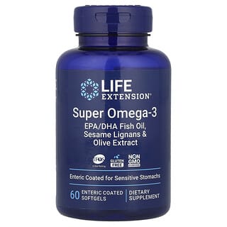 Life Extension, Super Omega-3, рыбий жир с ЭПК и ДГК, лигнанами кунжута и экстрактом оливы, 60 капсул, покрытых кишечнорастворимой оболочкой