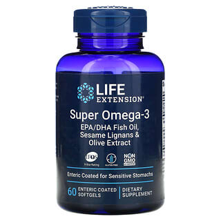 Life Extension, スーパーオメガ3 EPA／DHAフィッシュオイル、ゴマリグナン＆オリーブエキス、腸溶性コーティングソフトジェル60粒
