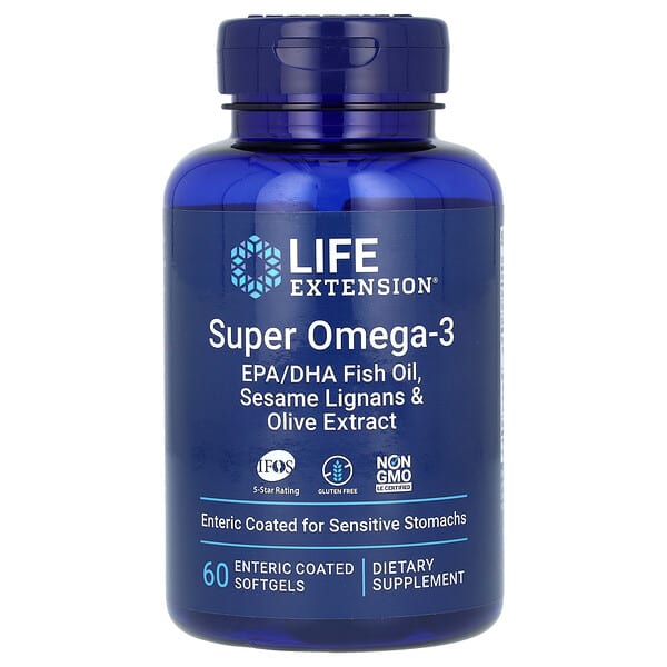 Life Extension, スーパーオメガ3 EPA／DHAフィッシュオイル、ゴマリグナン＆オリーブエキス、腸溶性コーティングソフトジェル60粒