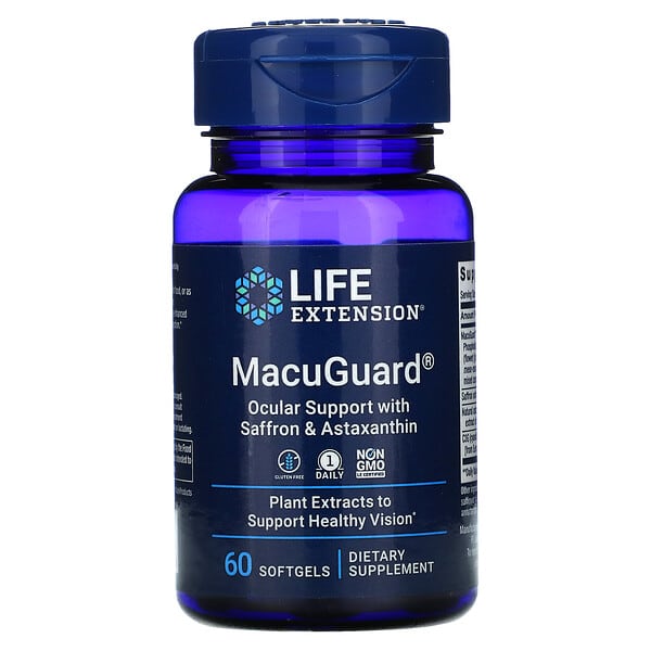 Life Extension, MacuGuard, دعم العين بالزعفران والأستازانتين، 60 كبسولة جيلاتينية مرنة