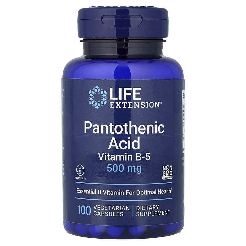 パントテン酸、ビタミンB5、500mg、ベジカプセル100粒