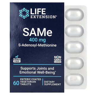Life Extension, SAMe, S-adenosil-metionina, 400 mg, 60 comprimidos vegetales con recubrimiento entérico