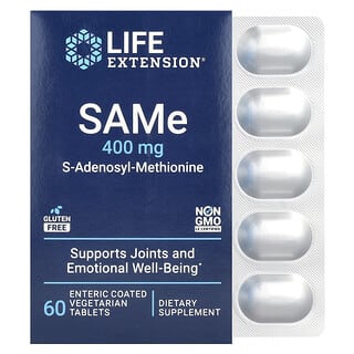 Life Extension, SAMe, S-adenosil-L-metionina, 400 mg, 60 comprimidos vegetales con recubrimiento entérico