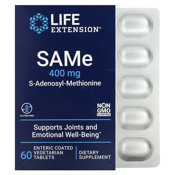 Life Extension, SAMe（S-アデノシル-メチオニン）、400mg、腸溶性植物性タブレット60粒