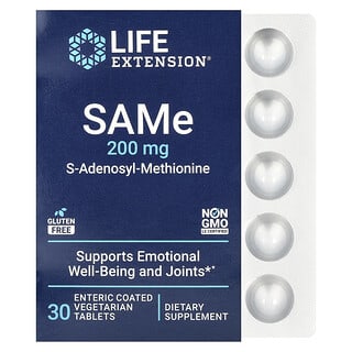 Life Extension, SAMe, S-adenosil-metionina, 200 mg, 30 comprimidos vegetales con recubrimiento entérico