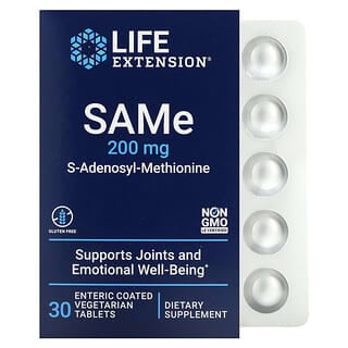 Life Extension, SAMe, S-adenosil-metionina, 200 mg, 30 comprimidos vegetales con recubrimiento entérico
