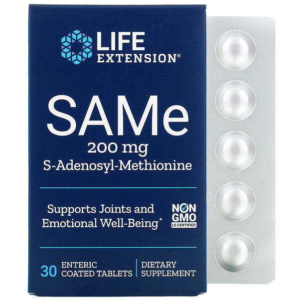 Life Extension, SAMe、S-アデノシル-メチオニン、200mg、腸溶性コーティングタブレット30粒