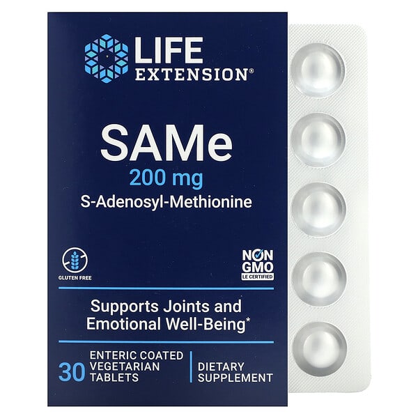 Life Extension, SAMe（S-アデノシル-メチオニン）、200mg、腸溶性植物性タブレット30粒