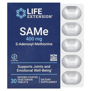 Life Extension, SAMe, S-аденозил-метионин, 400 мг, 30 вегетарианских таблеток, покрытых кишечнорастворимой оболочкой