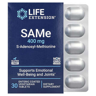 Life Extension, SAMe, S-adenosil-L-metionina, 400 mg, 30 comprimidos vegetales con recubrimiento entérico