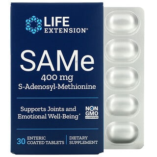 Life Extension, SAMe, S-аденозилметионин, 400 мг, 30 таблеток, покрытых кишечнорастворимой оболочкой