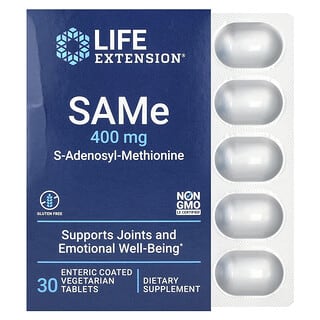Life Extension, SAMe, S-adenosil-metionina, 400 mg, 30 comprimidos vegetales con recubrimiento entérico