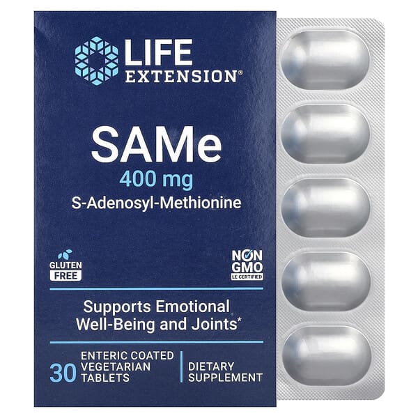 Life Extension SAMe, S-Adenosyl-Methionine, 400 mg, 30 Enteric Coated Vegetarian Tablets