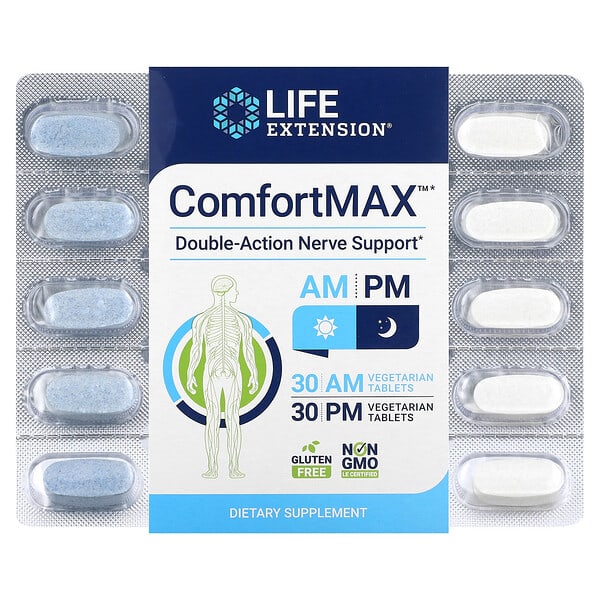Life Extension ComfortMAX, Double-Action Nerve Support, For AM & PM, 60 Vegetarian Tablets