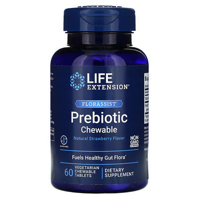 Life Extension, Florassist Prebiotic Chewable Tablets, Natural Strawberry Flavor, 60 Vegan Chewable Tablets (1,400 mg Each)