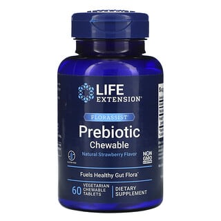 Life Extension, FLORASSIST Prebiotic Mastigável, Sabor Natural de Morango, 60 Comprimidos Mastigáveis