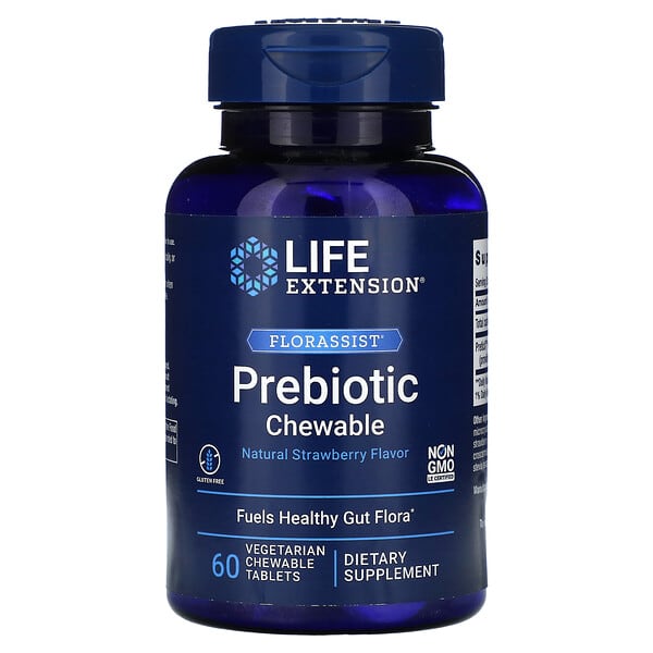 Life Extension Florassist Prebiotic Chewable, Natural Strawberry, 60 Vegetarian Chewable Tablets (1,400 mg per Tablet)