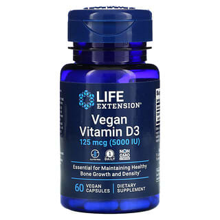 Life Extension, Веганский витамин D3, 125 мкг (5000 МЕ), 60 веганских капсул