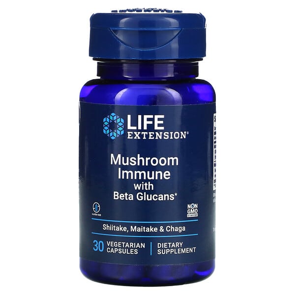 Life Extension‏, Mushroom Immune עם בטא-גלוקן, 30 כמוסות צמחוניות.