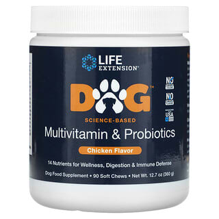 Life Extension, Multivitamines et probiotiques pour chiens, Poulet, 90 friandises molles à mâcher, 360 g