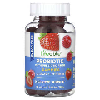 Lifeable, Gommes probiotiques avec fibres prébiotiques, Sans sucre, Baies, 5 milliards, 60 gommes (2,5 milliards d'UFC par gomme)