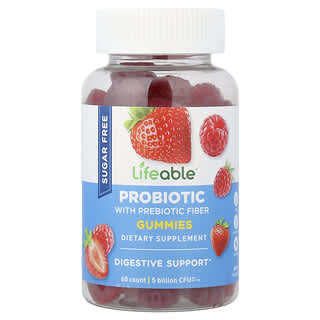 Lifeable, Probiotic with Prebiotic Fiber Gummies, Probiotikum mit präbiotischen Ballaststoffen, Fruchtgummis, zuckerfrei, Beere, 60 Fruchtgummis